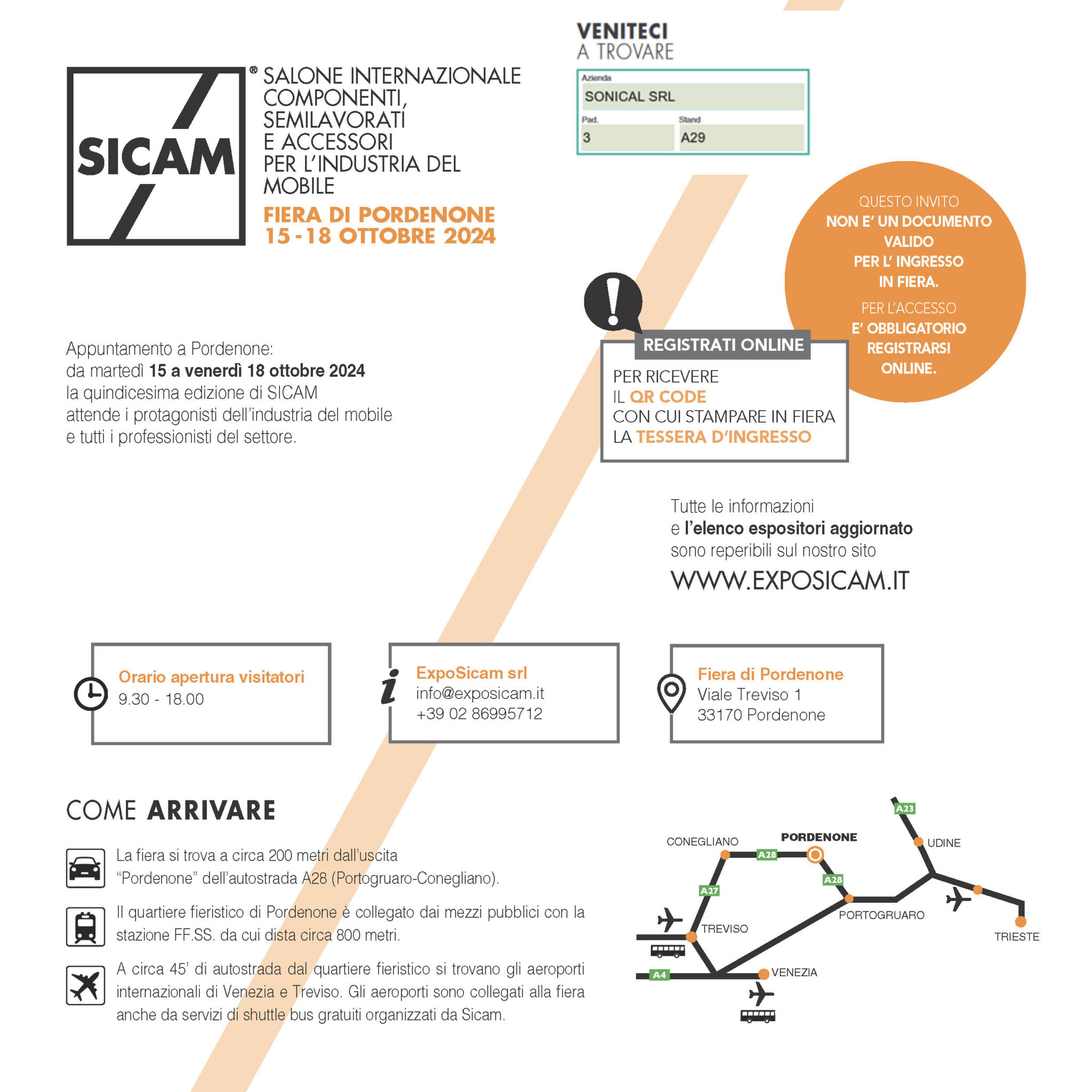 grafica dell’evento sicam 15–18 ottobre 2024 con dettagli di orari e ingresso