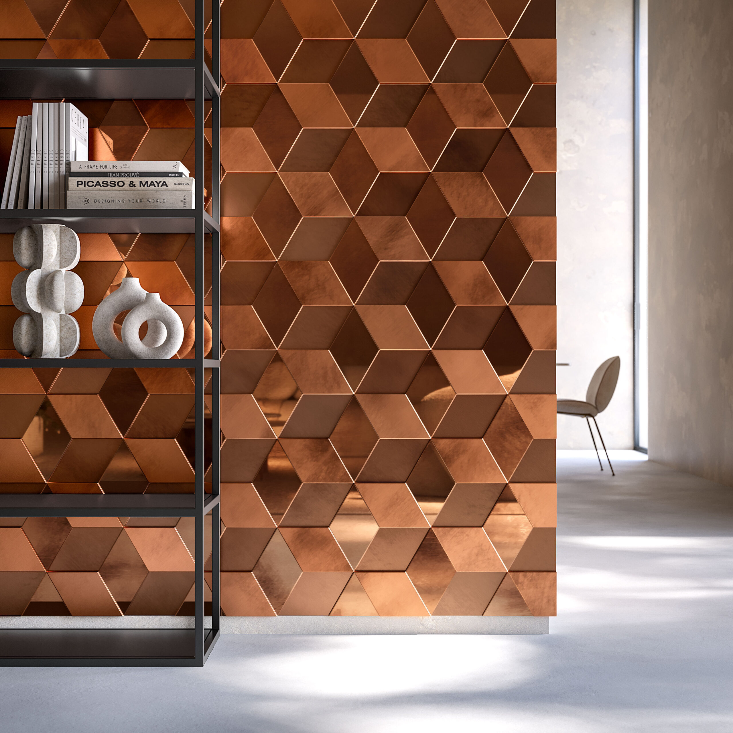 Parete decorativa con pannelli in zama a geometria esagonale in un ambiente moderno di design.
