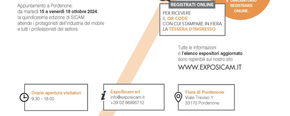 grafica dell’evento sicam 15–18 ottobre 2024 con dettagli di orari e ingresso